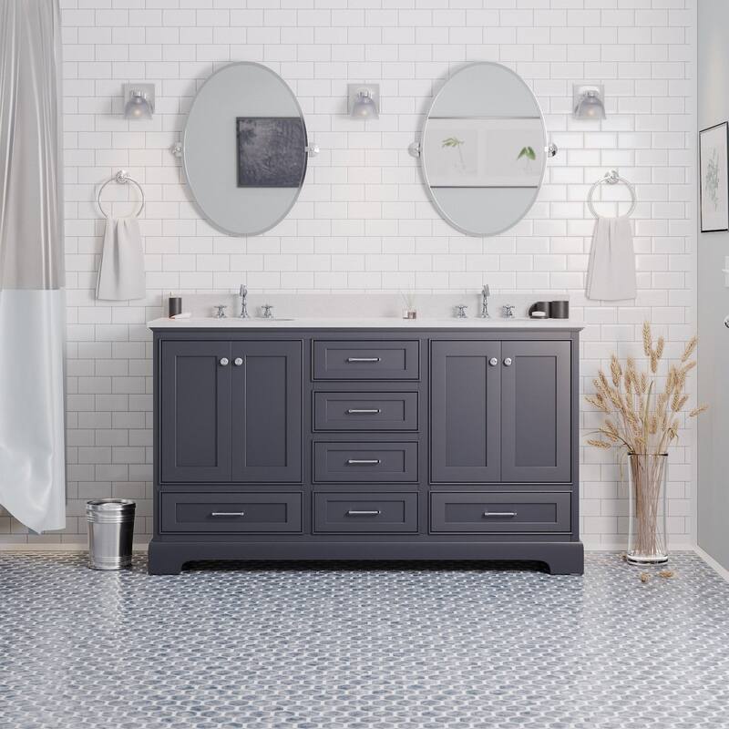 KitchenBathCollection Harper 60" Double Bathroom Vanity with Quartz Top - Marine Gray