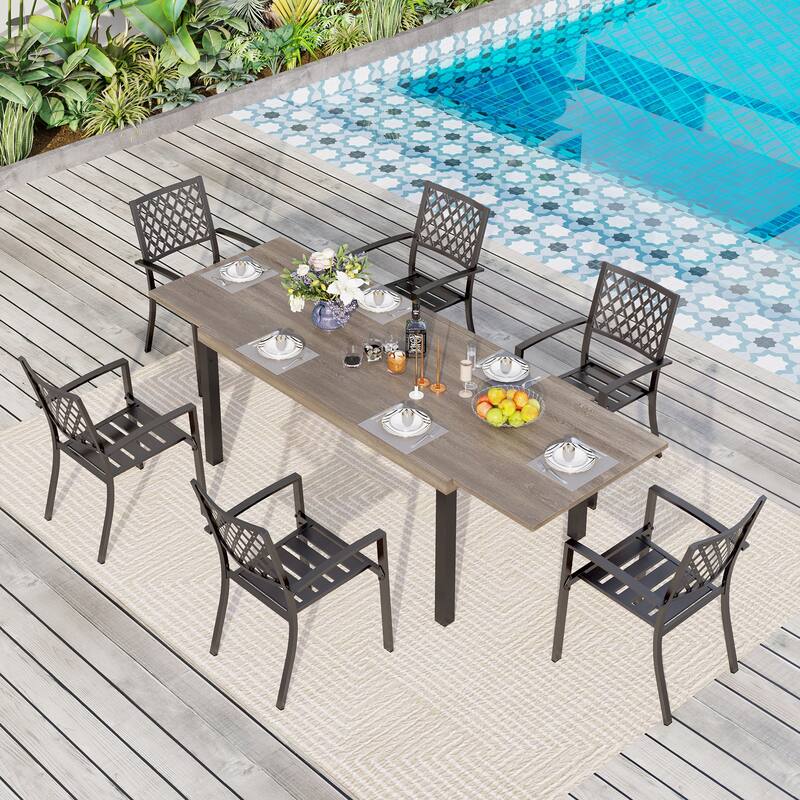 MAISON ARTS 7/9-Pieces Patio Dining Set with Metal Rectangle Expandable Table and Metal Stackable Chairs - 7-Piece Elegant Chairs