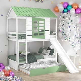 Modern Cute Twin Over Twin Size House Bunk Bed With Convertible Slide And Trundle for Bedroom