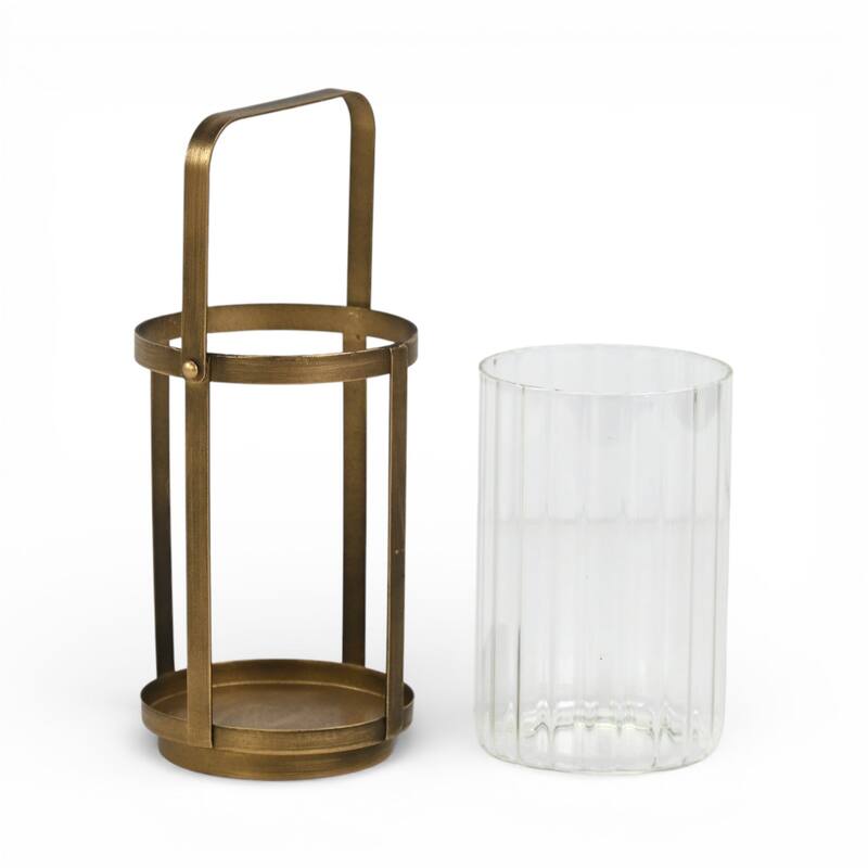 Vortial Fluted Glass Candle Lantern with Gold Metal Frame