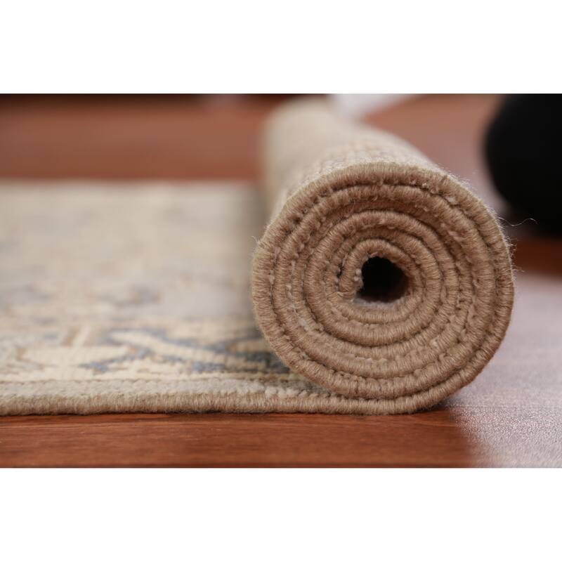 Hand Knotted Oriental 100% Wool Carpet Transitional Geometric Beige & Ivories Oushak Runner Rug - 11' 7'' X 3' 1''