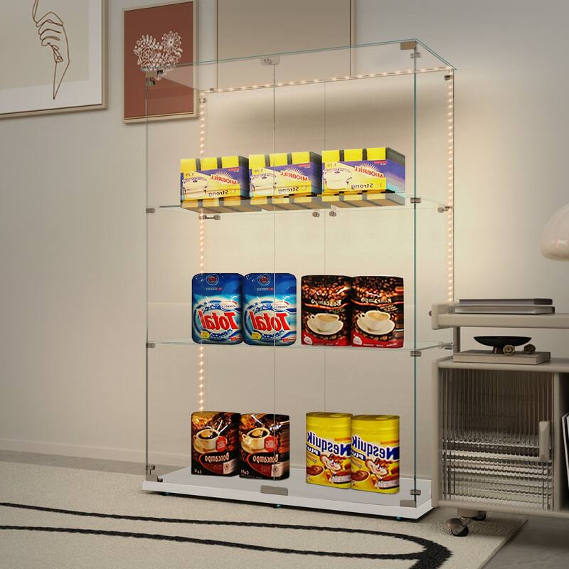 Tempered Glass Display Cabinet, File Cabinet, Tempered Glass Top, Bluetooth LED Light Strip, with Door Lock