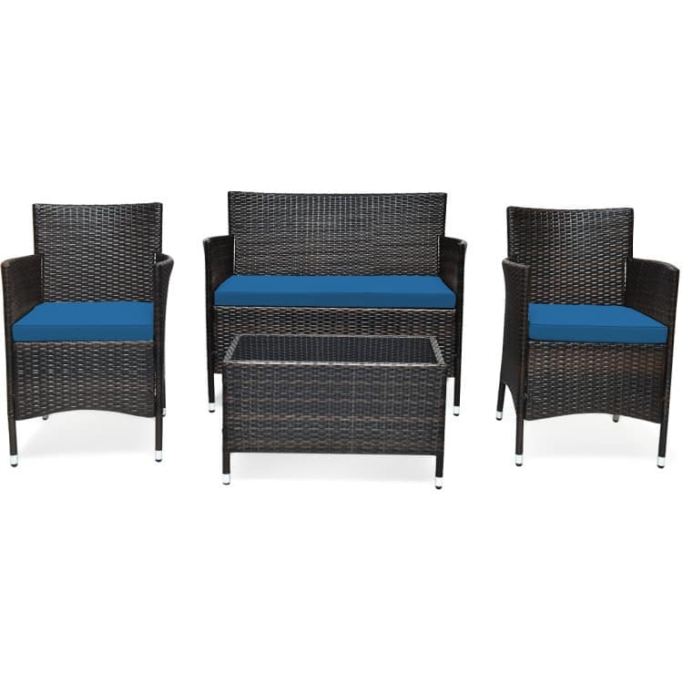 Rattan Patio Conversation Furniture Set with Glass Table and Comfortable Sofa - 4 Pcs