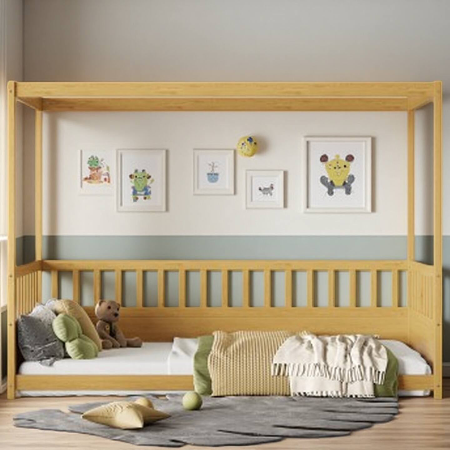 Full Size Montessori Canopy Floor Bed for Kids with Tall Safety Guardrails, Wooden Low Platform Bed Frame with Roof Structure