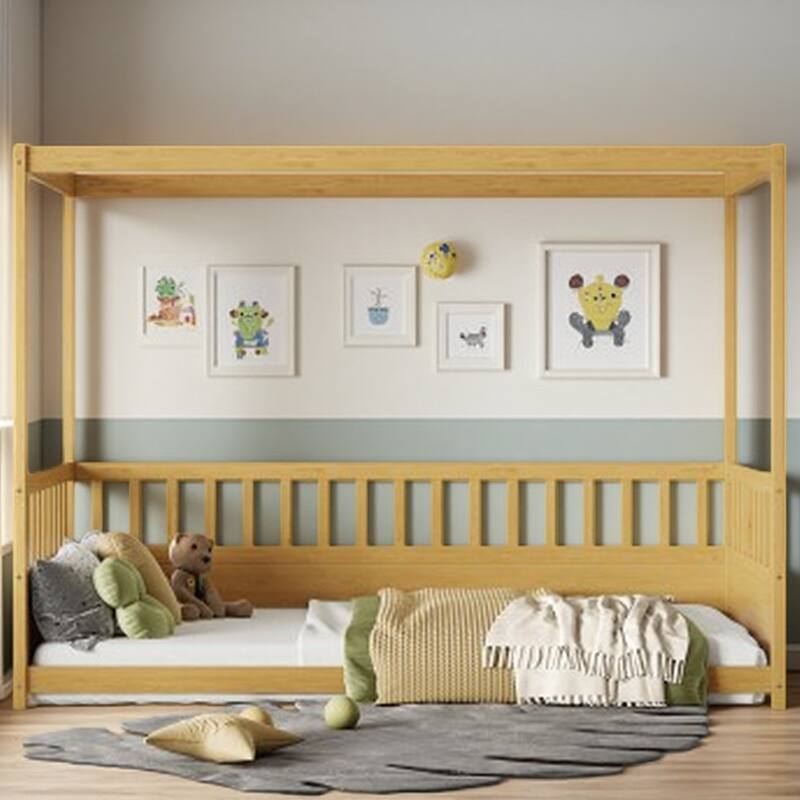 Full Size Montessori Canopy Floor Bed for Kids with Tall Safety Guardrails, Wooden Low Platform Bed Frame with Roof Structure - Twin Natural Wood - Twin