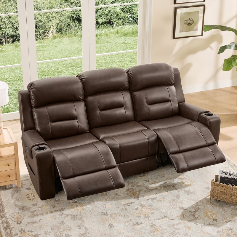 Spruce & Spring Genuine Leather Power Reclining Sofa with Wireless Charging