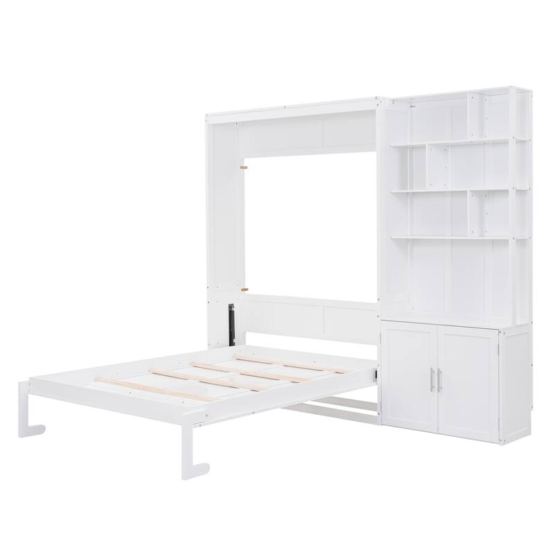 Space-Saving Full Size Murphy Bed with Storage Shelves and Cabinet, White