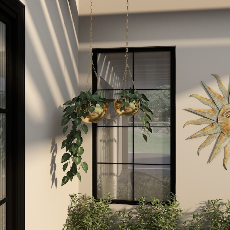 Black, Gold or Silver Metal Indoor Outdoor Hanging Dome Wall Planter with Chain (Set of 2)