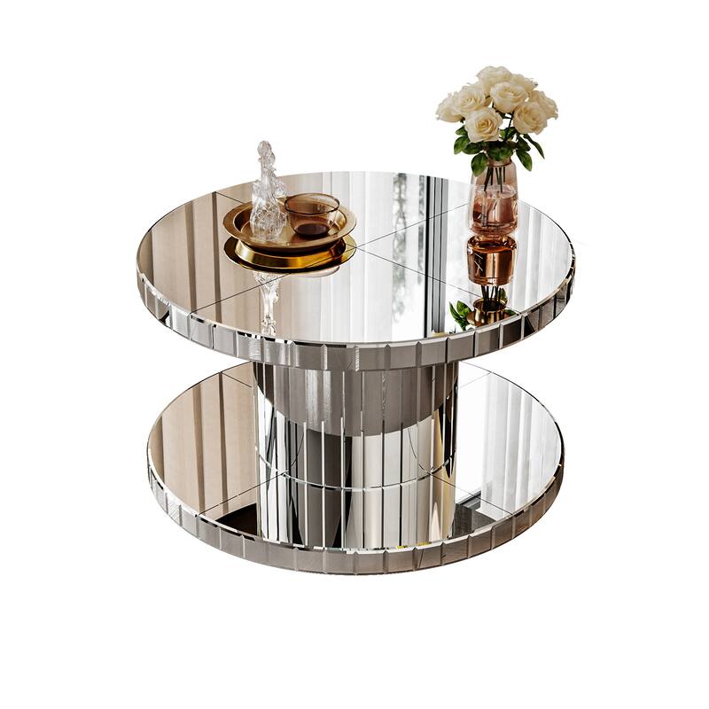 Roomfitters 31.5" Round Mirrored Coffee Table, 2 Tier Fluted Glass Center Table for Living Room, Silver