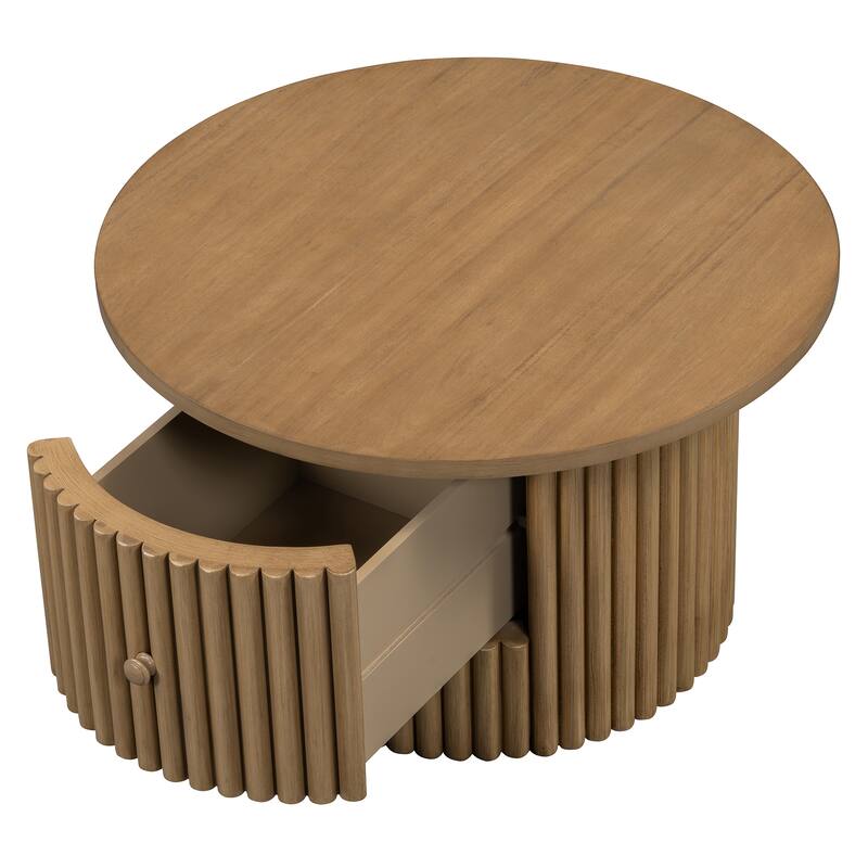 Round Coffee Table for Living Room in Natural, Farmhouse Coffee Table with a Drawer, Center Table with Vertical Slat Ba