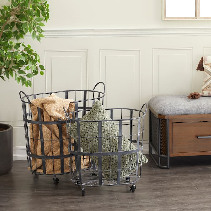 Metal Wire Grid Storage Basket with Wheels and Handles - Set of 2 Black - Roche River Decor - 16"W x 24"L x 25"H