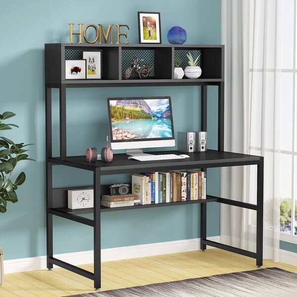 47 Inch Computer Desk With Hutch And Bookshelf Home Office Desk With Storage Shelf Black Space Saving Desk Overstock 32083857