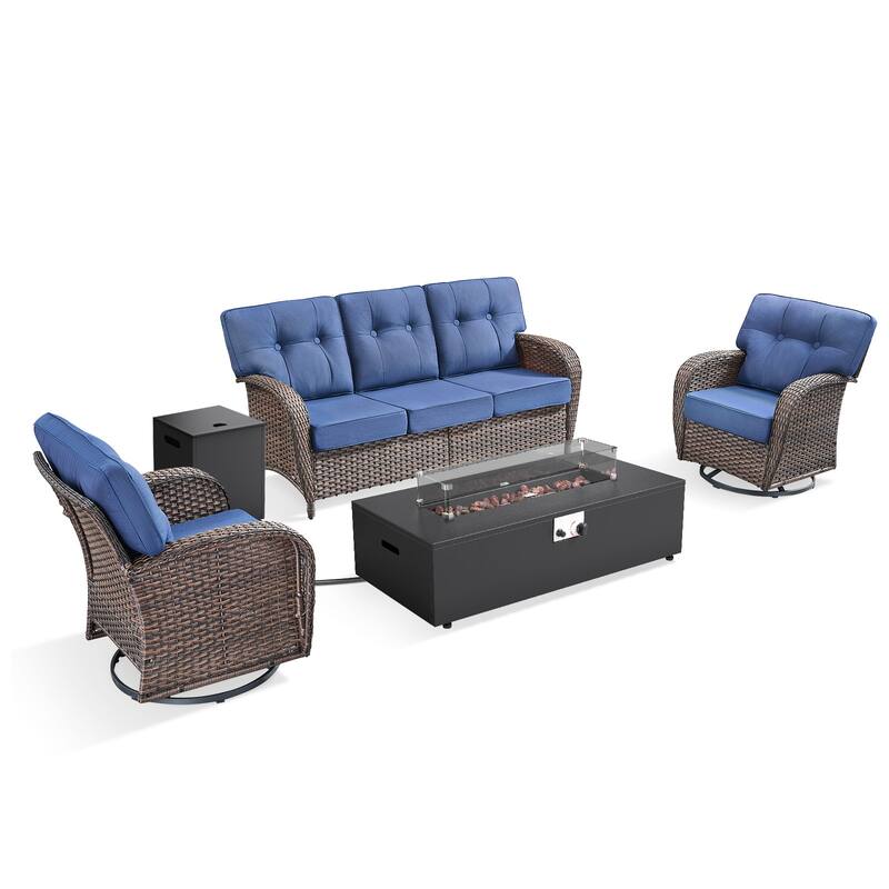 Pocassy 43 In Fire Pit w/ Outdoor Sofa Swivel Chair Ottoman Set