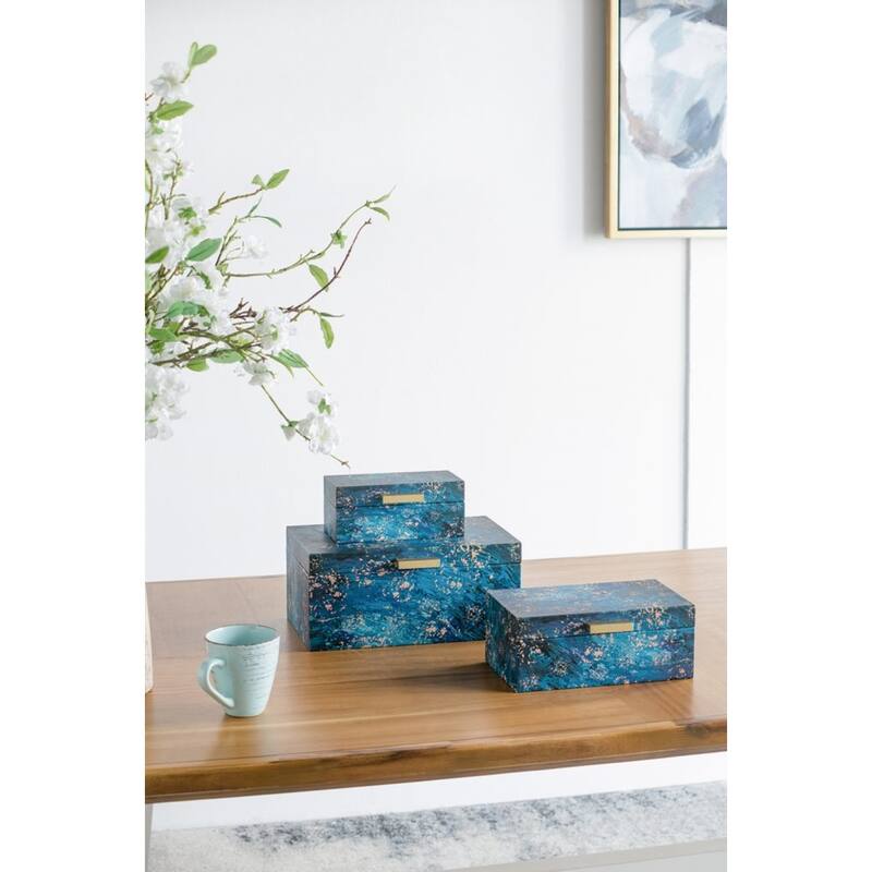 Abstract Rectangular Boxes with Handle - 12.25" - Blue and Gold - Set of 3