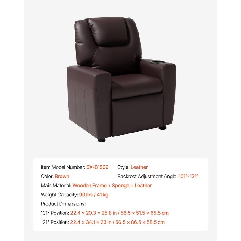 Kids Recliner Chair with Adjustable Backrest, Cup Holders and Leather Surface - 22.4 x 20.3 x 25.8 in