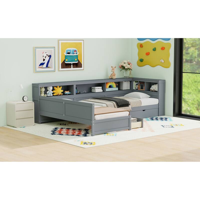 Wooden L-shaped Bed Frame Built-in Storage Cabinets Twin Size Platform Bed with Trundle Bed and Drawer, Storage Captains Bed