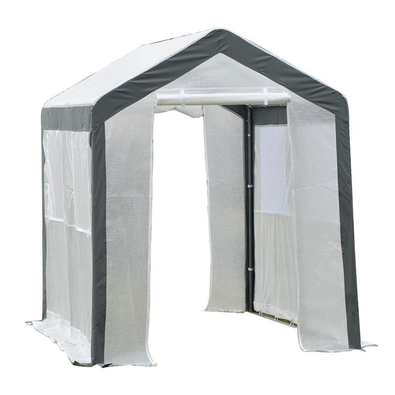 8' x 6' Walk-In Greenhouse with Roll-Up Windows & Zippered Doors, Weatherproof Plant Shelter - White