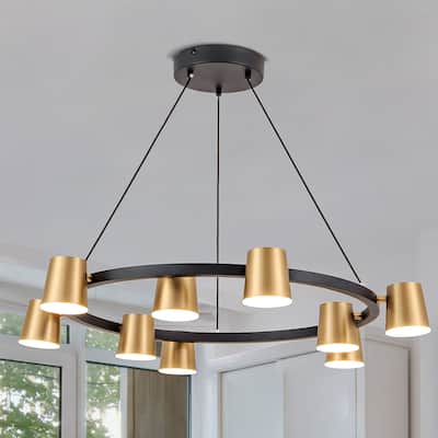 9-Light Wagon Wheel Chandelier Black and Gold Chandelier - N/A