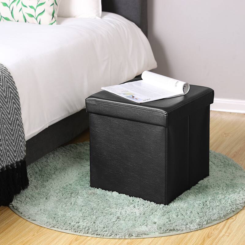 Folding Storage Ottoman Cube Footrest Stool Coffee Table Puppy Step, Faux Leather, Black