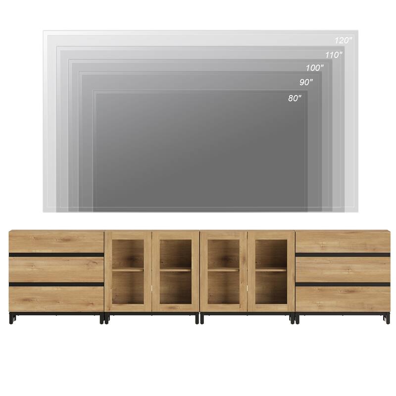 4-in-1 TV Stand for 120" TVs, TV Console with Glass Doors & 6 Drawers