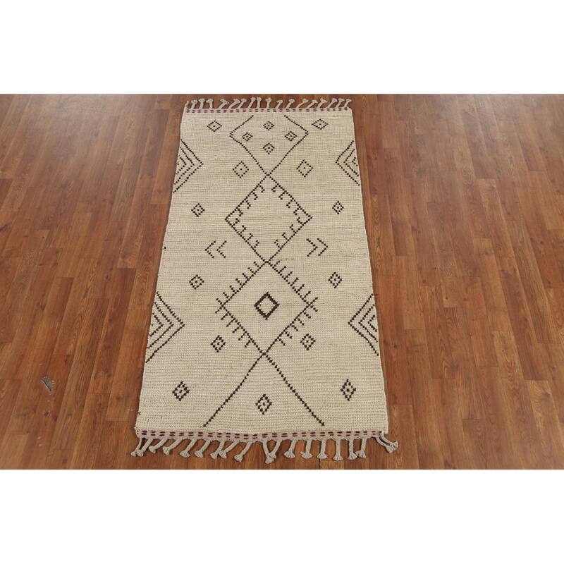 Ivory Geometric Moroccan Oriental Accent Rug Handmade Wool Carpet - 2'10"x 5'7"
