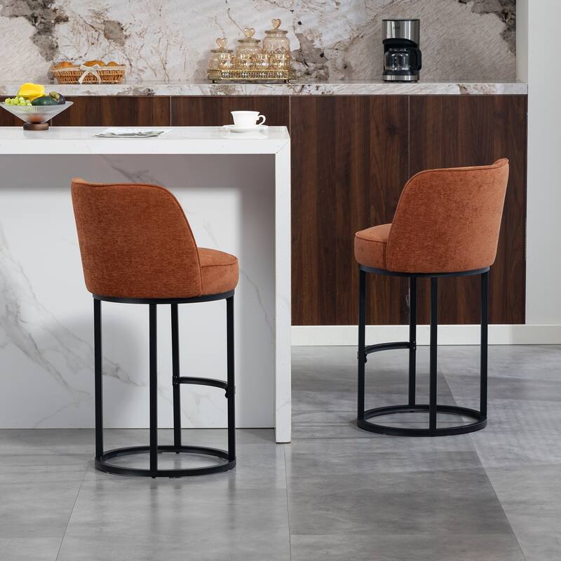 Counter Height Bar Stools Set of 2, Modern Barrel Counter Stools with Backrest, Linen Fabric Upholstered Accent Bar Stools