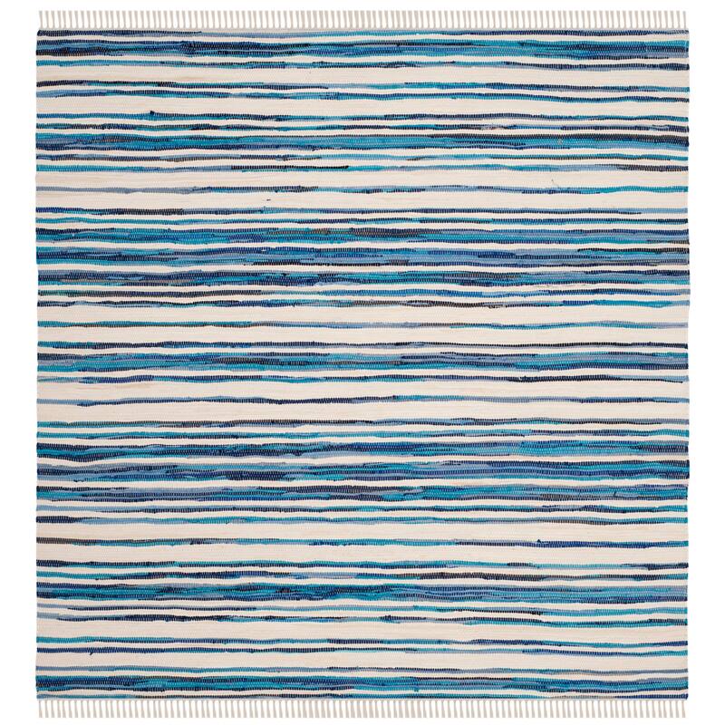 SAFAVIEH Handmade Rag Rug Jakayla with Fringe Casual Stripe - 4' Square - Ivory/Blue