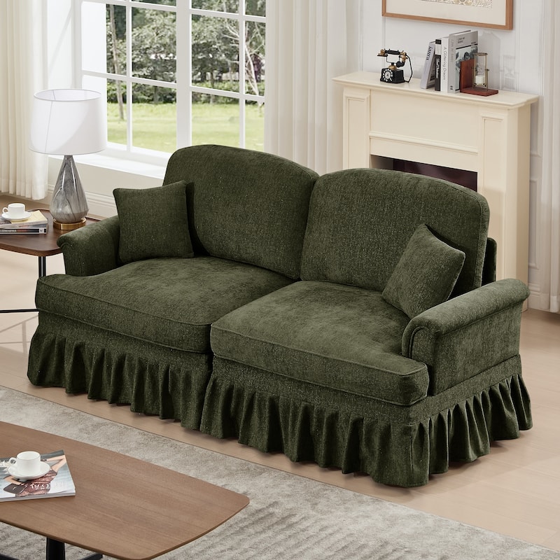 Mid-Century 2-Seat Sofa Couch with Flared Arms & Removable Ruffled Skirts, Retro Chenille Upholstered Loveseat for Living Room