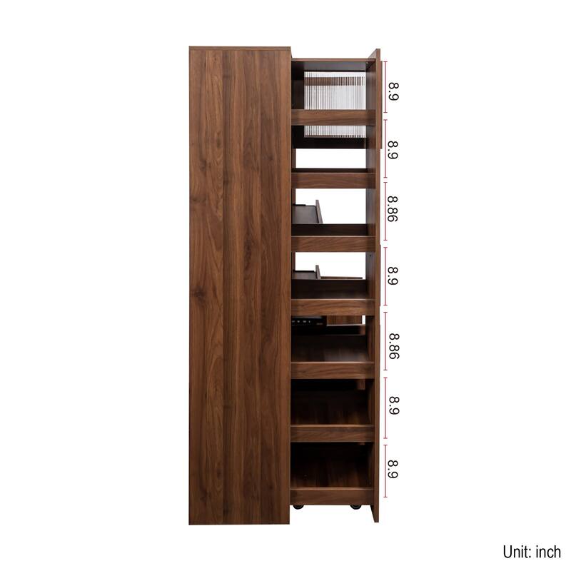 Roomfitters Kitchen Pantry Cabinet with Multi-Tier Pull-Out Shelves, Farmhouse Storage Cupboard with 4 Doors, Walnut