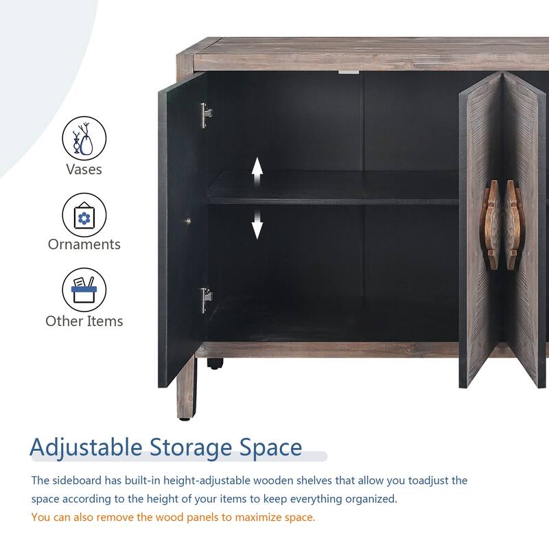 4-Door Wooden Sideboard Buffet, Storage Cabinet with Carved Flower Handles, Accent Cabinet with Adjustable Shelves
