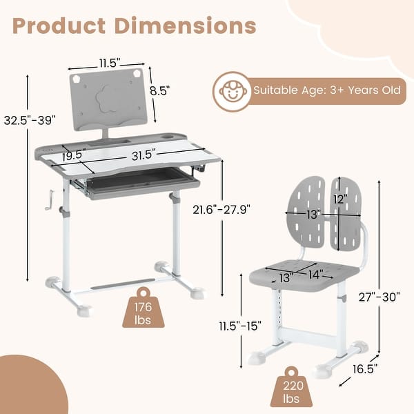 Gymax Kid's Study Desk & Chair Set w/Tilt Desktop Book Stand Footrest
