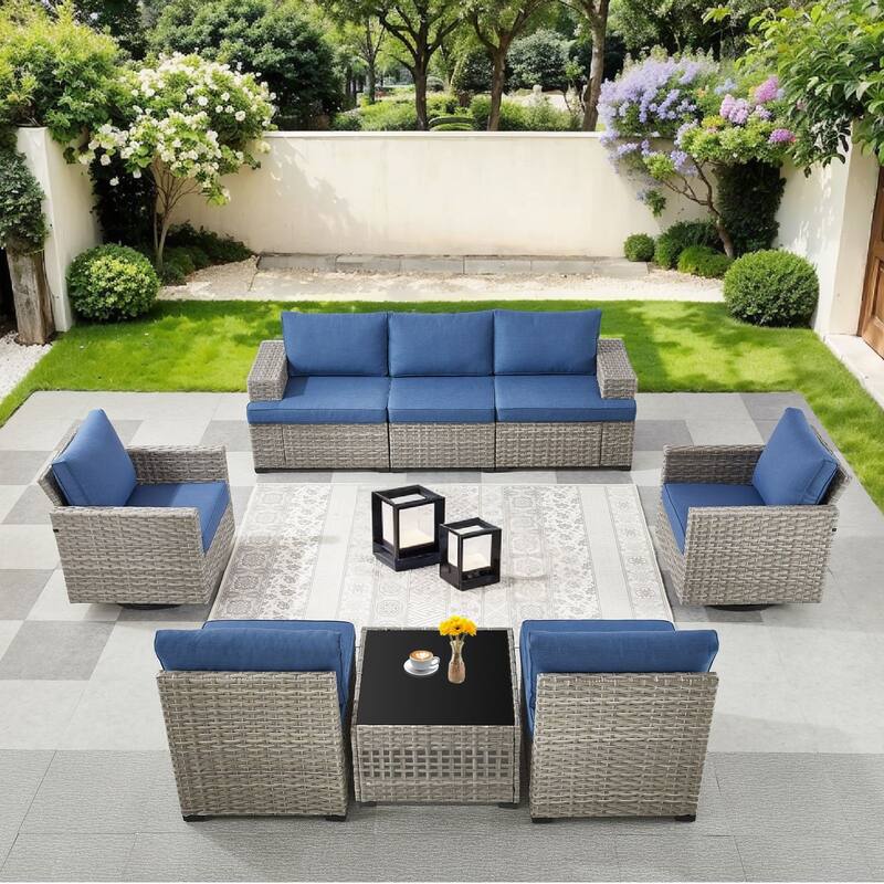Pocassy Outdoor Sectional Sofa Patio Furniture Sets with Thickened Cushions - Blue Cushion - Sofa with Swivel Chairs Table Combination 8