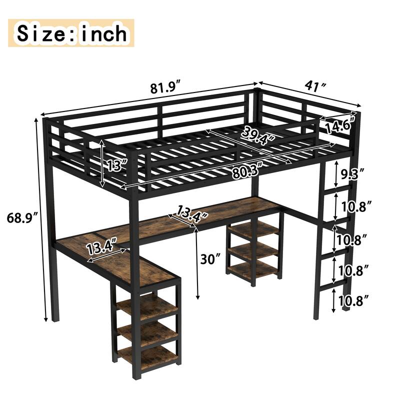 Twin XL Metal Loft Bed with Desk and Shelves, L Shaped Loft Bed Frame with Ladder and Guardrails