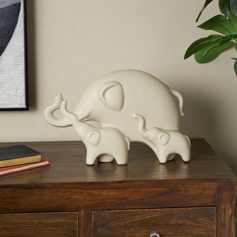 Cream Ceramic Family Elephant Decorative Sculpture with Raised Trunks - Cream
