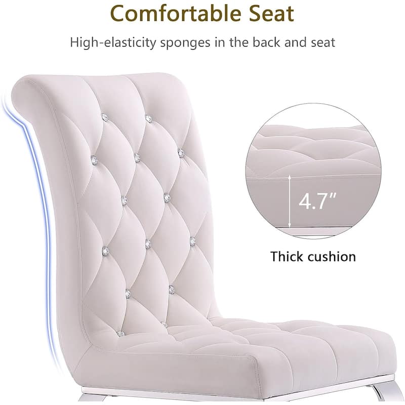 Luxury White Velvet Dining Chairs with Crystal Decor Button Tufted Back and Mirrored Silver Legs