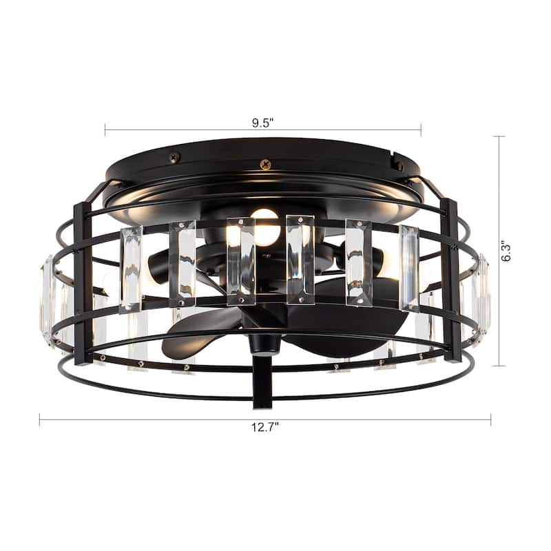 13-inch Matte Black Industrial Bladeless Fandelier Flush Mount Ceiling Fan with Remote