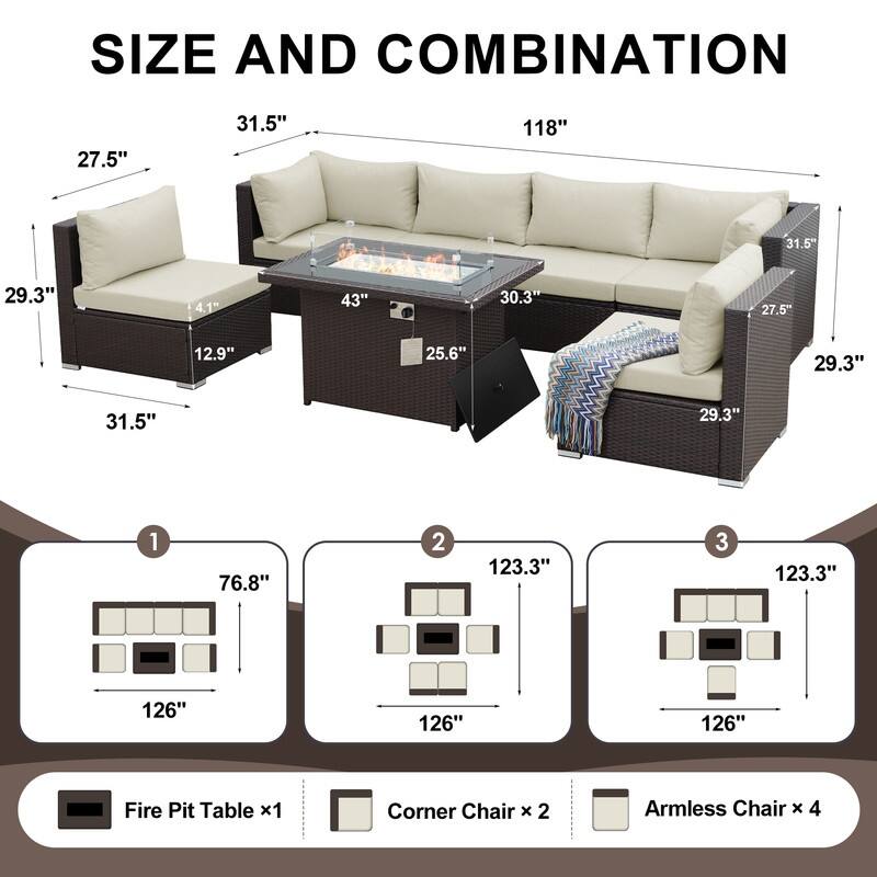 FINCATI Outdoor 7-piece Extra Large High Back Patio Furniture Set with Propane Gas Fire Pit Table, Conversation Wicker Couch Set