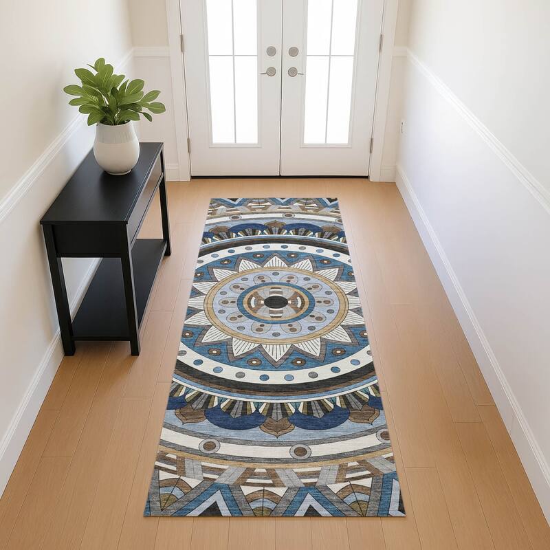 Machine Washable Indoor/ Outdoor Boho Mosaic Chantille Rug