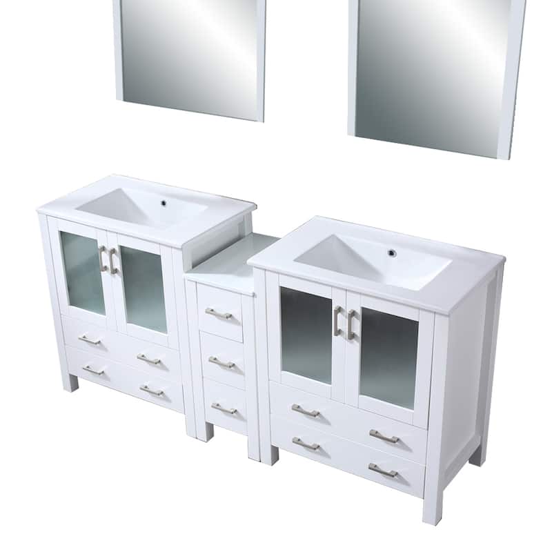 Volez Double Bath Vanity with Side Cabinets, White Ceramic Top and Mirrors