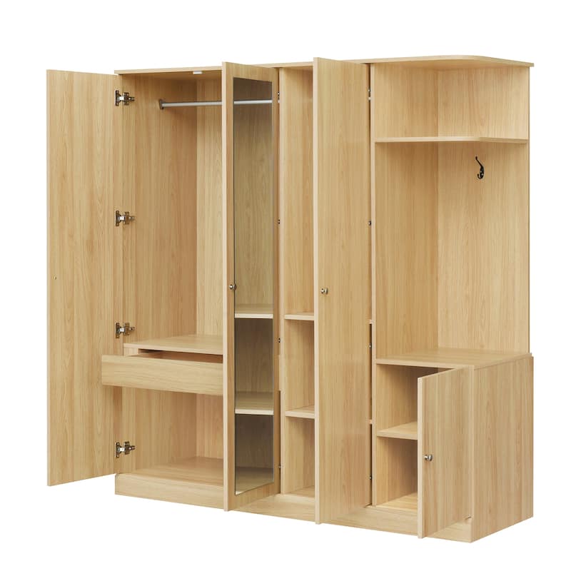 4-Door Wardrobe with Shelves, Drawers, and Full-Length Mirror