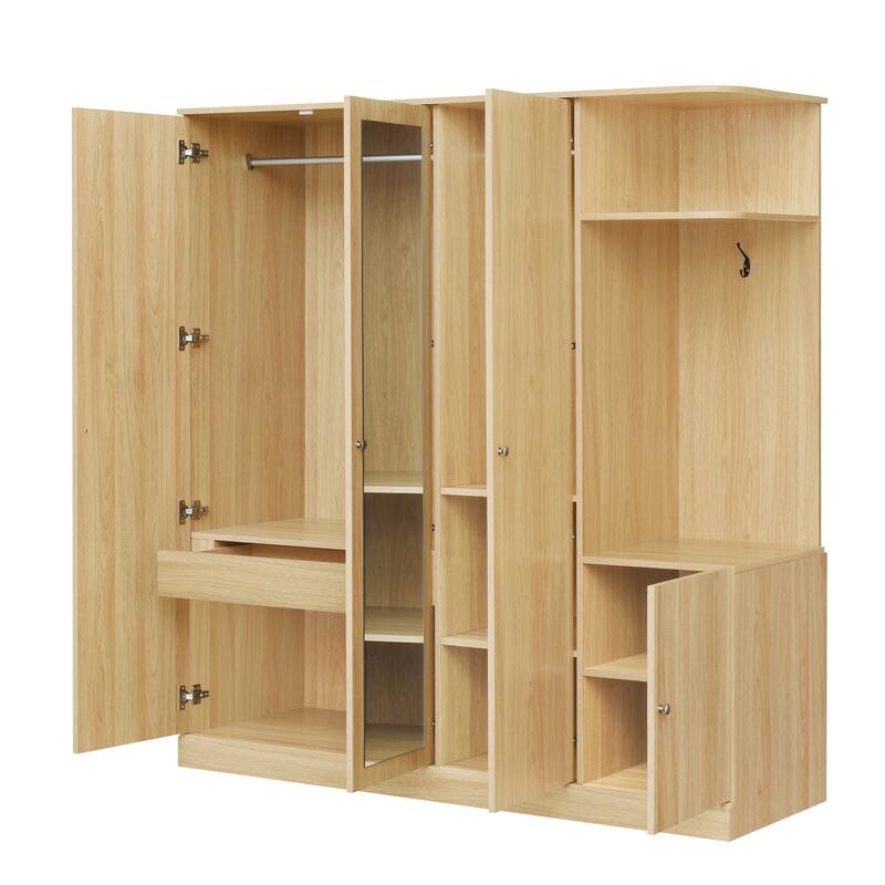 Mirrored Wardrobe Closet 4 Door Wooden Wardrobe with Drawers Large Armoire Closet with Open Storage Space