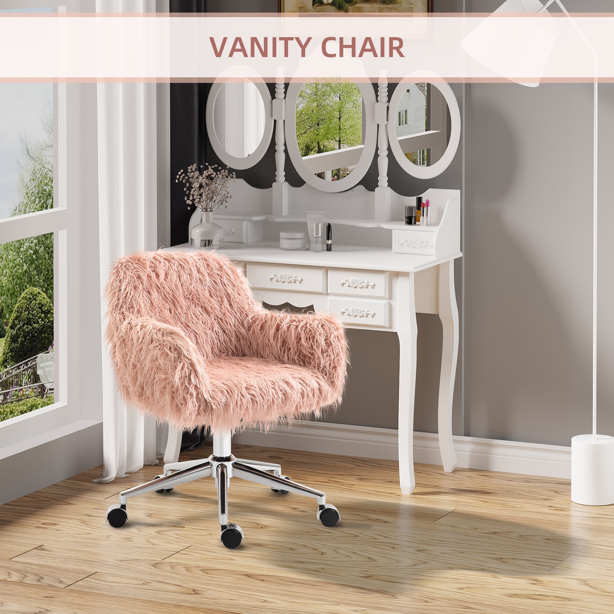 Furniture Pink Furry Vanity Chair Swivel Chair Furry Desk Chair With