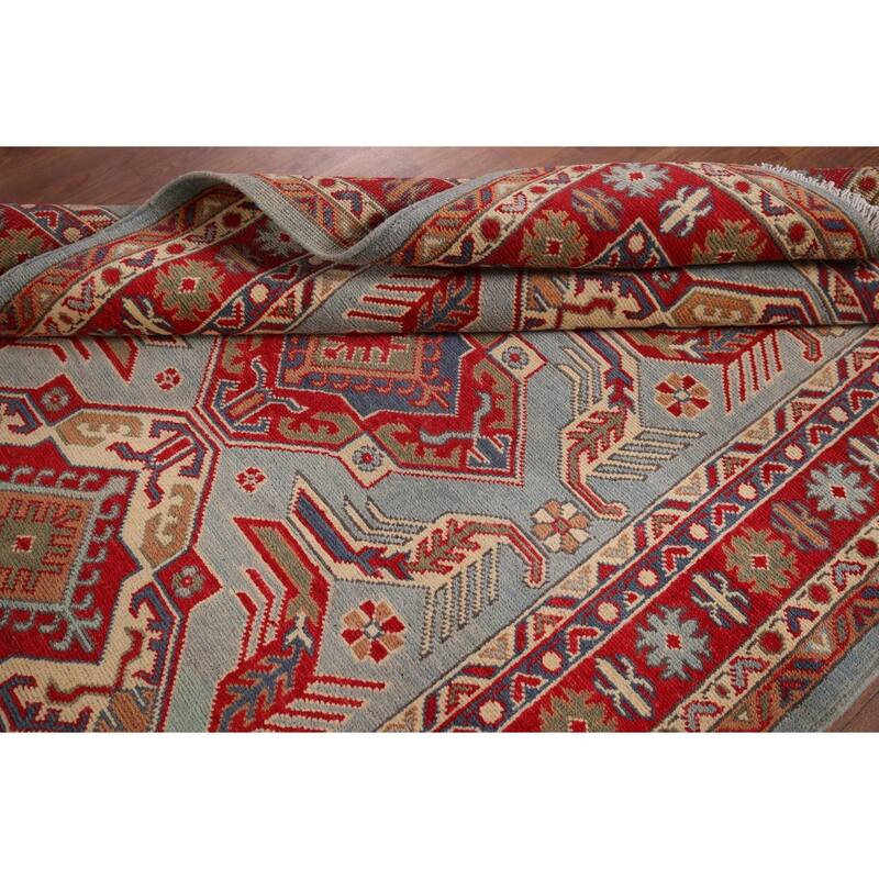 Hand Knotted Oriental 100% Wool Carpet Traditional Geometric Navy Blue & Blues Kazak Area Rug - 5' 10'' X 4' 0''