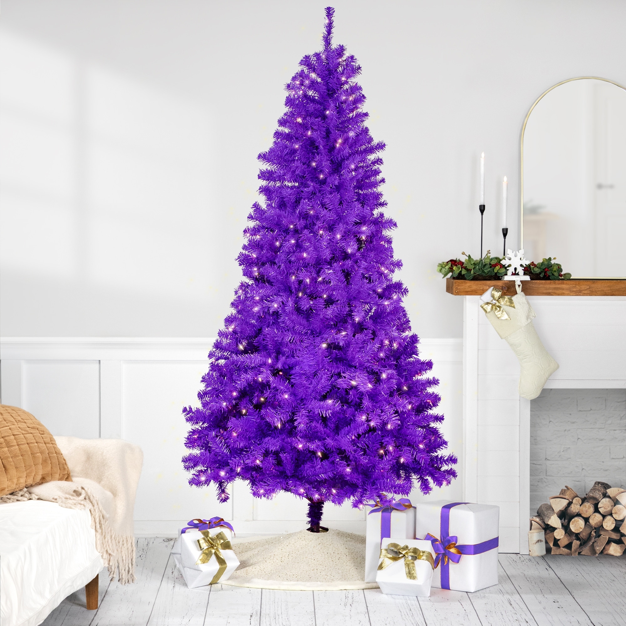 Pre-Lit Medium Pine Artificial Christmas Tree 6' Purple Clear Lights - 6 Foot