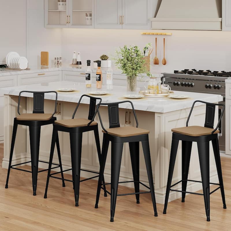 Swivel Counter & Bar Stools with Metal Frame Farmhouse 26" and 30" Seat Height Kitchen Barstools with Low Back and Wooden Seat
