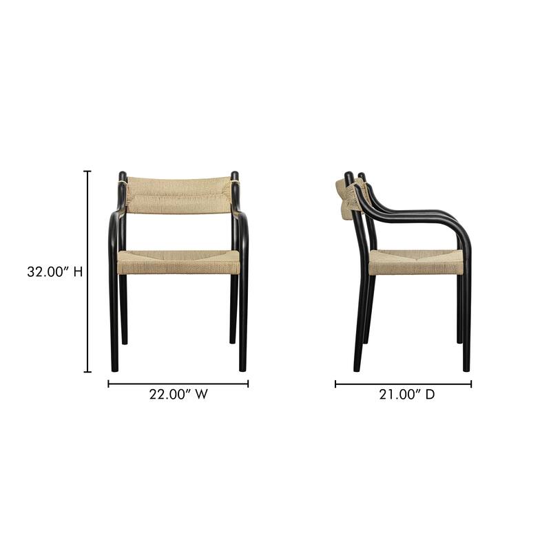 NADAAL STUDIOS Theren Dining Chair, Woven Paper Rope, Curved Arms, Solid Rubber Wood Frame, Black
