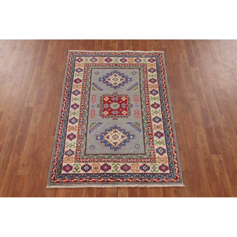 Gray Geometric Kazak Accent Rug Hand-Knotted Wool Carpet - 3'4" x 4'11"