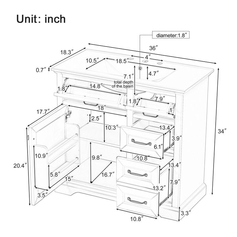 Roomfitters 36" Bathroom Vanity with Ceramic Sink, 2 Tip-out Drawers and Smart Storage Organizer