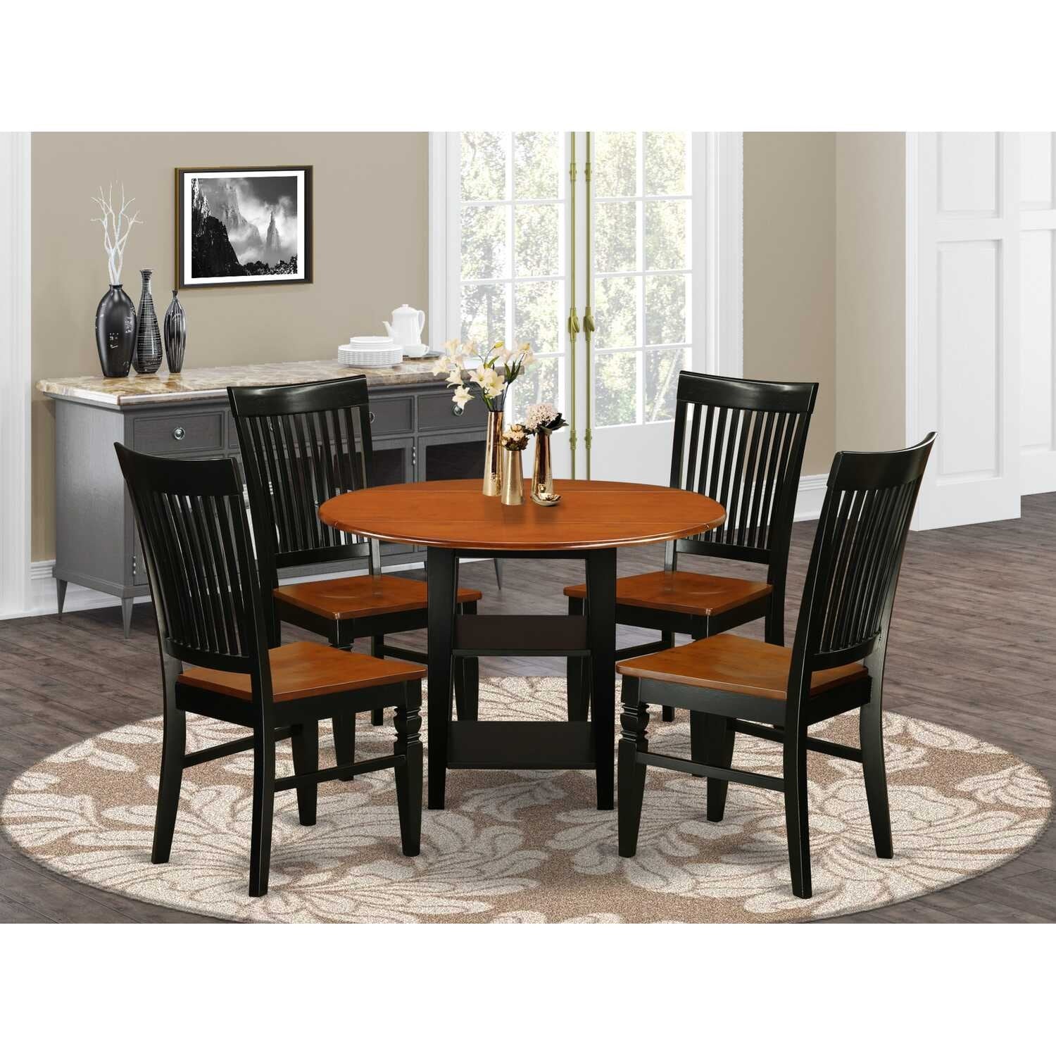 HomeStock 5-Pc Black and Cherry Finish Solid Wood Top - Round Dining Room Set - Seats 4