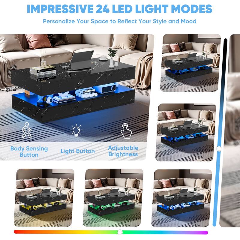 Pocassy Double-Layer Center Tables with LED Light 47.2 Inch